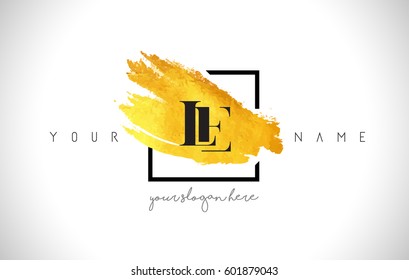 LE Golden Letter Logo Design with Creative Gold Brush Stroke and Black Frame.