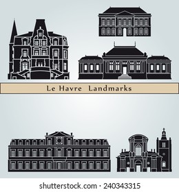 Le Havre landmarks and monuments isolated on blue background in editable vector file