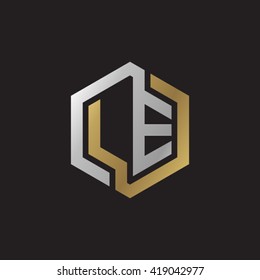 LE initial letters looping linked hexagon elegant logo golden silver black background