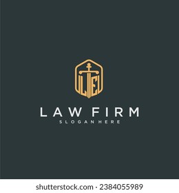 LE initial logo monogram with shield and sword style design for law firm