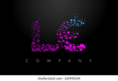 LE L E Letter Logo with Purple Blue Particles and Bubble Dots Design Vector.