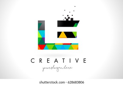 LE L E Letter Logo with Colorful Vivid Triangles Texture Design Vector Illustration.