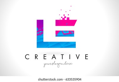 LE L E Letter Logo With Broken Shattered Blue Pink Triangles Texture Design Vector Illustration.