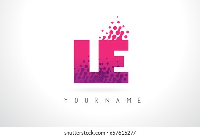 LE L E Letter Logo with Pink Letters and Purple Color Particles Dots Design.