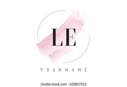 LE L E Watercolor Letter Logo Design with Circular Shape and Pastel Pink Brush.