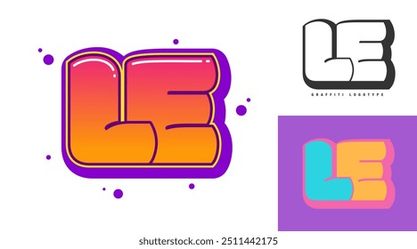 LE logo design for festival or party. Initial letter l and e in graffiti style. Creative modern lettering company name of font typography. Kids trendy logotype or identity. Vector illustration.