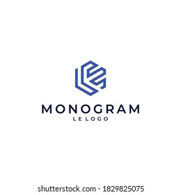 LE logo design modern simple geometric vector with hexagon shape blue color and white background