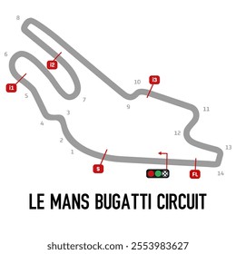 Le Mans Bugatti Circuit Vector. Circuit Race Track Illustration with Editable Stroke. Stock Vector.