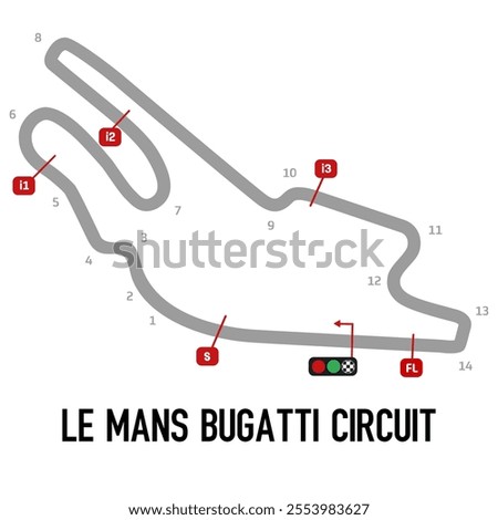 Le Mans Bugatti Circuit Vector. Circuit Race Track Illustration with Editable Stroke. Stock Vector.