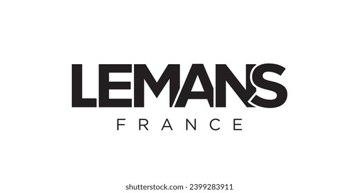 Le Mans im französischen Emblem für Druck und Web. Das Design zeichnet sich durch geometrischen Stil, Vektorgrafik mit gewagter Typografie in moderner Schrift aus. Grafische Slogan-Schrift einzeln auf weißem Hintergrund.