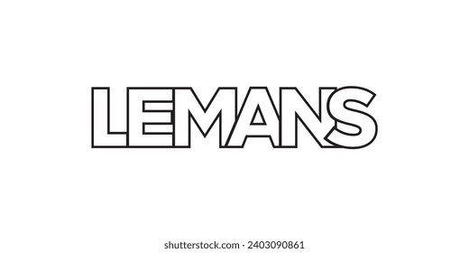 Le Mans im französischen Emblem für Druck und Web. Das Design zeichnet sich durch geometrischen Stil, Vektorgrafik mit gewagter Typografie in moderner Schrift aus. Grafische Slogan-Schrift einzeln auf weißem Hintergrund.