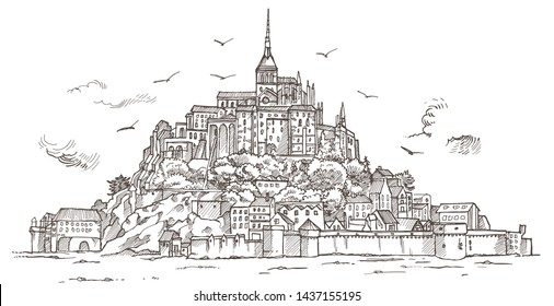 Le Mont Saint Michel ,Normandy, France. Hand drawn sketch illustration in vector