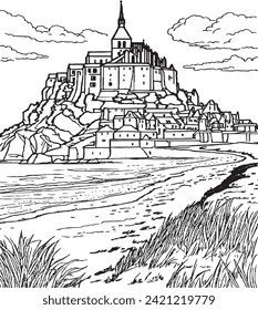 Le Mont Saint-Michel  Black and white illustration for coloring.