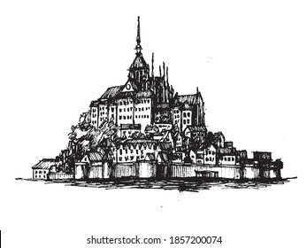 Schloss Le Mont-Saint-Michel auf einer Insel in Frankreich Vektorgrafik, handgezeichnet, schwarz-weiß 