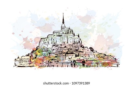 Le Mont-Saint-Michel is an island commune in Normandy, France. Watercolor splash with Hand drawn sketch illustration in vector.