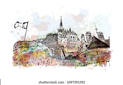 Le Mont-Saint-Michel is an island commune in Normandy, France. Watercolor splash with Hand drawn sketch illustration in vector.