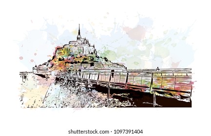 Le Mont-Saint-Michel is an island commune in Normandy, France. Watercolor splash with Hand drawn sketch illustration in vector.