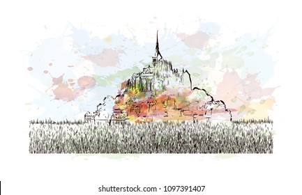 Le Mont-Saint-Michel is an island commune in Normandy, France. Watercolor splash with Hand drawn sketch illustration in vector.