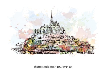 Le Mont-Saint-Michel is an island commune in Normandy, France. Watercolor splash with Hand drawn sketch illustration in vector.