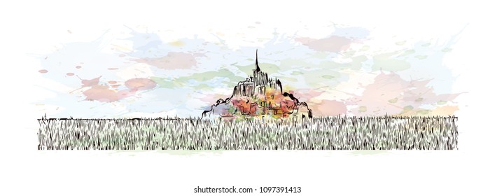 Le Mont-Saint-Michel is an island commune in Normandy, France. Watercolor splash with Hand drawn sketch illustration in vector.