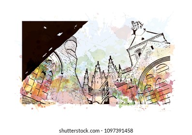 Le Mont-Saint-Michel is an island commune in Normandy, France. Watercolor splash with Hand drawn sketch illustration in vector.