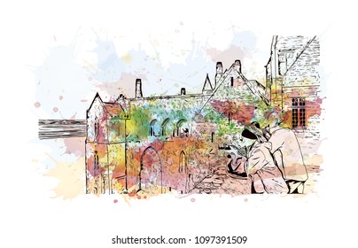 Le Mont-Saint-Michel is an island commune in Normandy, France. Watercolor splash with Hand drawn sketch illustration in vector.