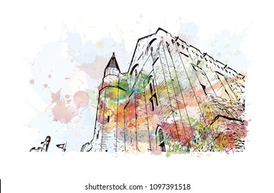 Le Mont-Saint-Michel is an island commune in Normandy, France. Watercolor splash with Hand drawn sketch illustration in vector.