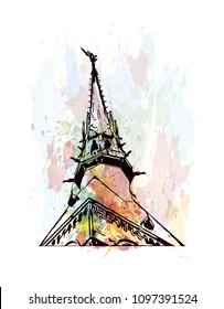 Le Mont-Saint-Michel is an island commune in Normandy, France. Watercolor splash with Hand drawn sketch illustration in vector.