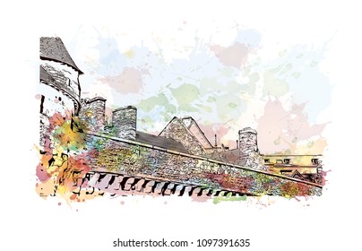 Le Mont-Saint-Michel is an island commune in Normandy, France. Watercolor splash with Hand drawn sketch illustration in vector.