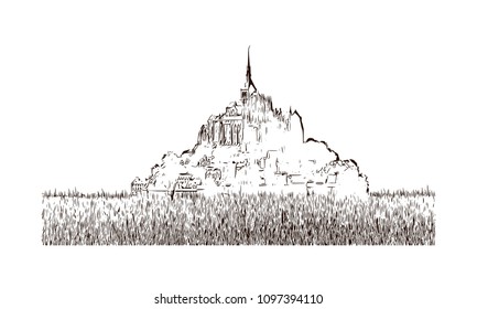 Le Mont-Saint-Michel is an island commune in Normandy, France. Hand drawn sketch illustration in vector.