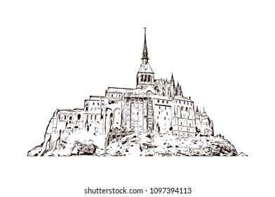 Le Mont-Saint-Michel is an island commune in Normandy, France. Hand drawn sketch illustration in vector.