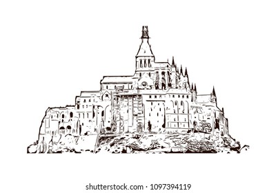 Le Mont-Saint-Michel is an island commune in Normandy, France. Hand drawn sketch illustration in vector.