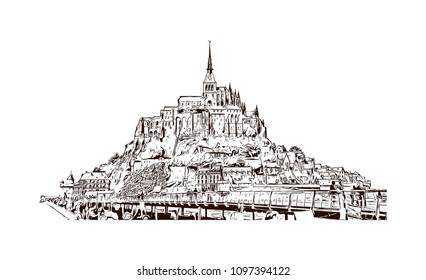 Le Mont-Saint-Michel is an island commune in Normandy, France. Hand drawn sketch illustration in vector.