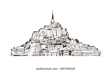 Le Mont-Saint-Michel is an island commune in Normandy, France. Hand drawn sketch illustration in vector.