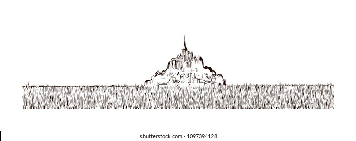 Le Mont-Saint-Michel is an island commune in Normandy, France. Hand drawn sketch illustration in vector.