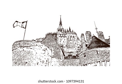 Le Mont-Saint-Michel is an island commune in Normandy, France. Hand drawn sketch illustration in vector.