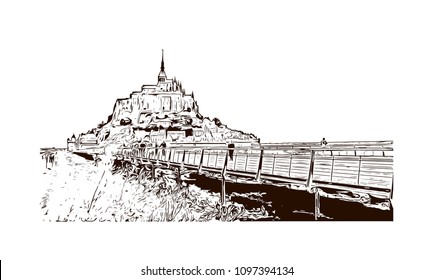 Le Mont-Saint-Michel is an island commune in Normandy, France. Hand drawn sketch illustration in vector.