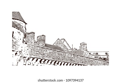 Le Mont-Saint-Michel is an island commune in Normandy, France. Hand drawn sketch illustration in vector.