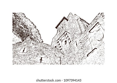 Le Mont-Saint-Michel is an island commune in Normandy, France. Hand drawn sketch illustration in vector.