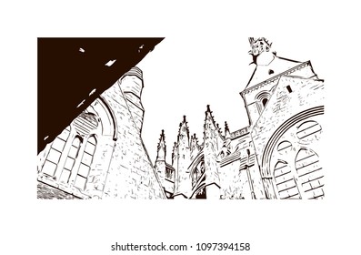 Le Mont-Saint-Michel is an island commune in Normandy, France. Hand drawn sketch illustration in vector.