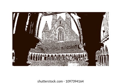 Le Mont-Saint-Michel is an island commune in Normandy, France. Hand drawn sketch illustration in vector.