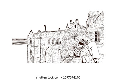 Le Mont-Saint-Michel is an island commune in Normandy, France. Hand drawn sketch illustration in vector.