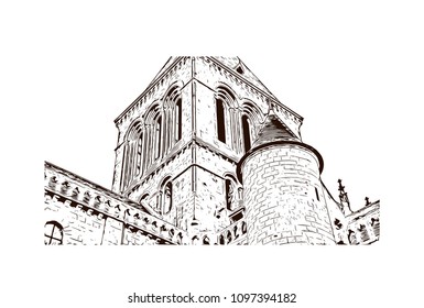 Le Mont-Saint-Michel is an island commune in Normandy, France. Hand drawn sketch illustration in vector.