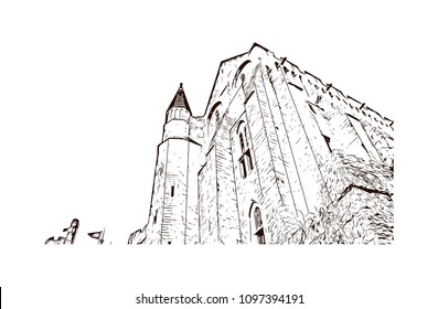 Le Mont-Saint-Michel is an island commune in Normandy, France. Hand drawn sketch illustration in vector.