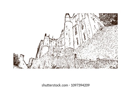 Le Mont-Saint-Michel is an island commune in Normandy, France. Hand drawn sketch illustration in vector.