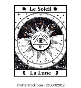 Le soleil, La Lune in french, The Sun, The Moon, Fantastic dual Design black and White vector T-shirt Fashion Design