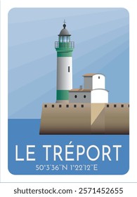 Le Treport lighthouse in the harbour entré, Normandy, France. Vector illustration