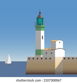 Le Treport lighthouse in the harbour entré. Vector illustration