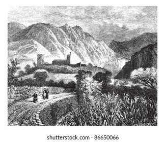 Le Vernet and Mount Canigou; view taken on the north side. - Drawing Ph. Blanchard, vintage engraved illustration. Magasin Pittoresque 1874.