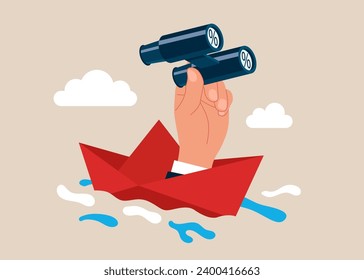 Lead business in crisis. Hand with binoculars lead  sailing origami ship. Flat vector illustration